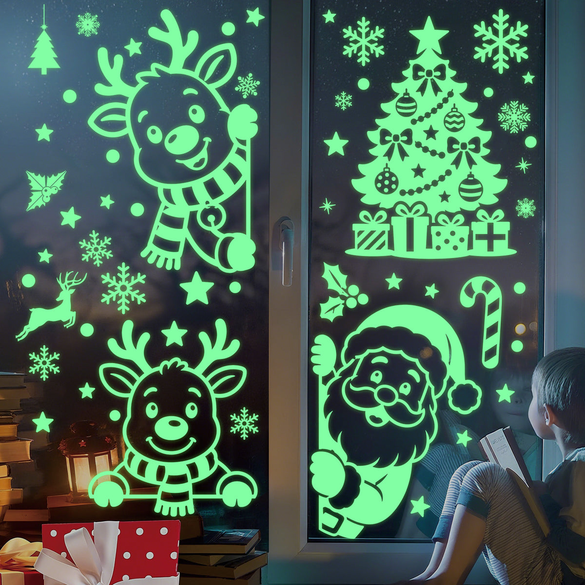 Glow in the Dark Santa Reindeer Window Stickers, Green Fluorescent Snowflake Static Cling Decor