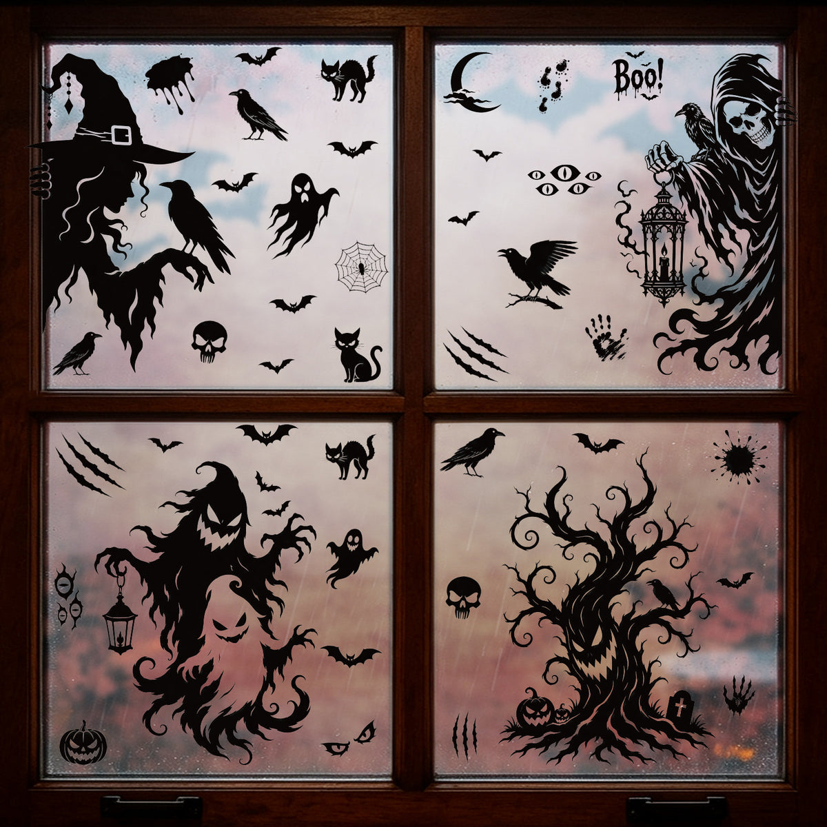 Halloween Grim Reaper Bat Static Cling Stickers, Black Horror Glass Decals For Storefront Scene Decor