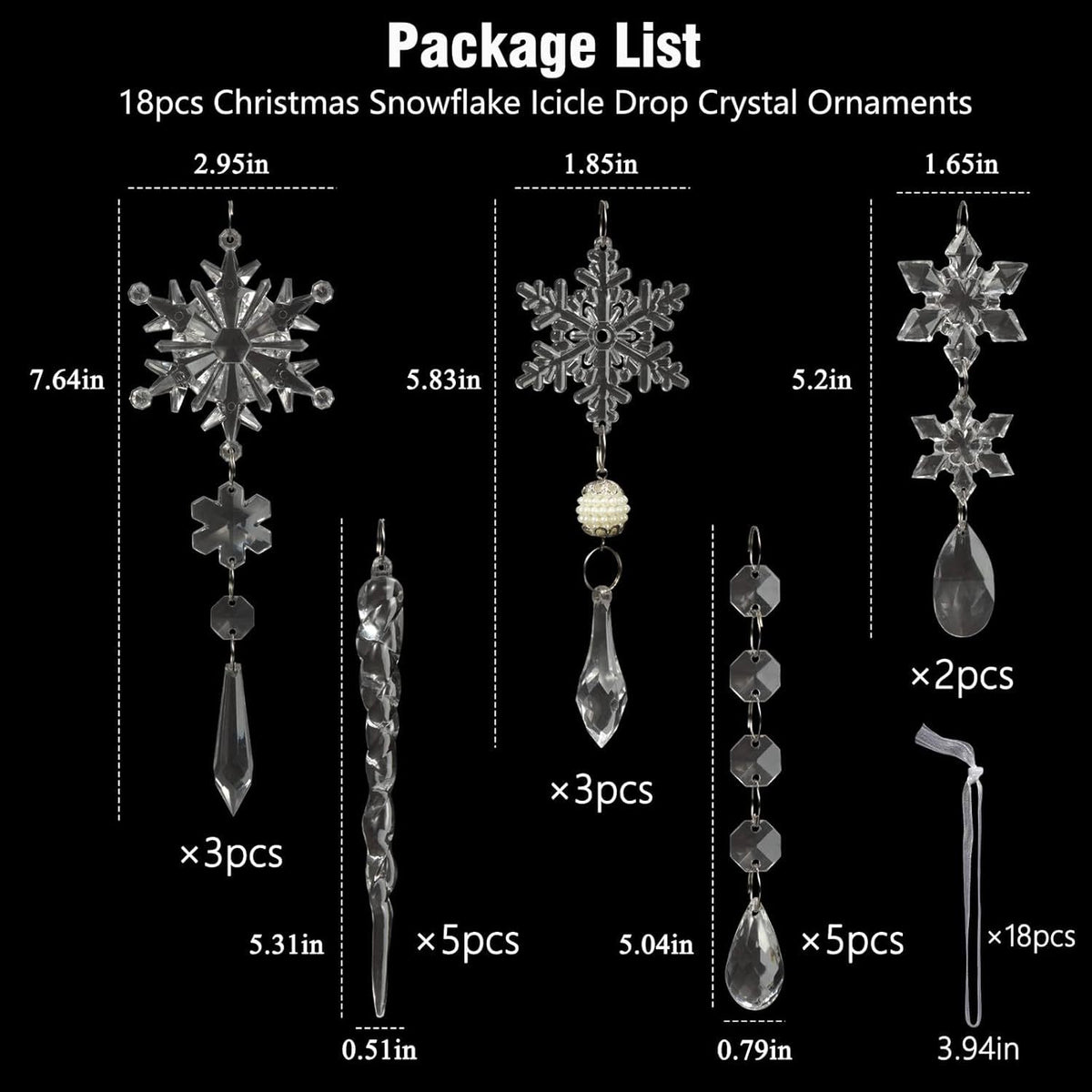 18 Pack Acrylic Christmas Tree Ornaments Set, Snowflake and Icicle Hanging Decorations