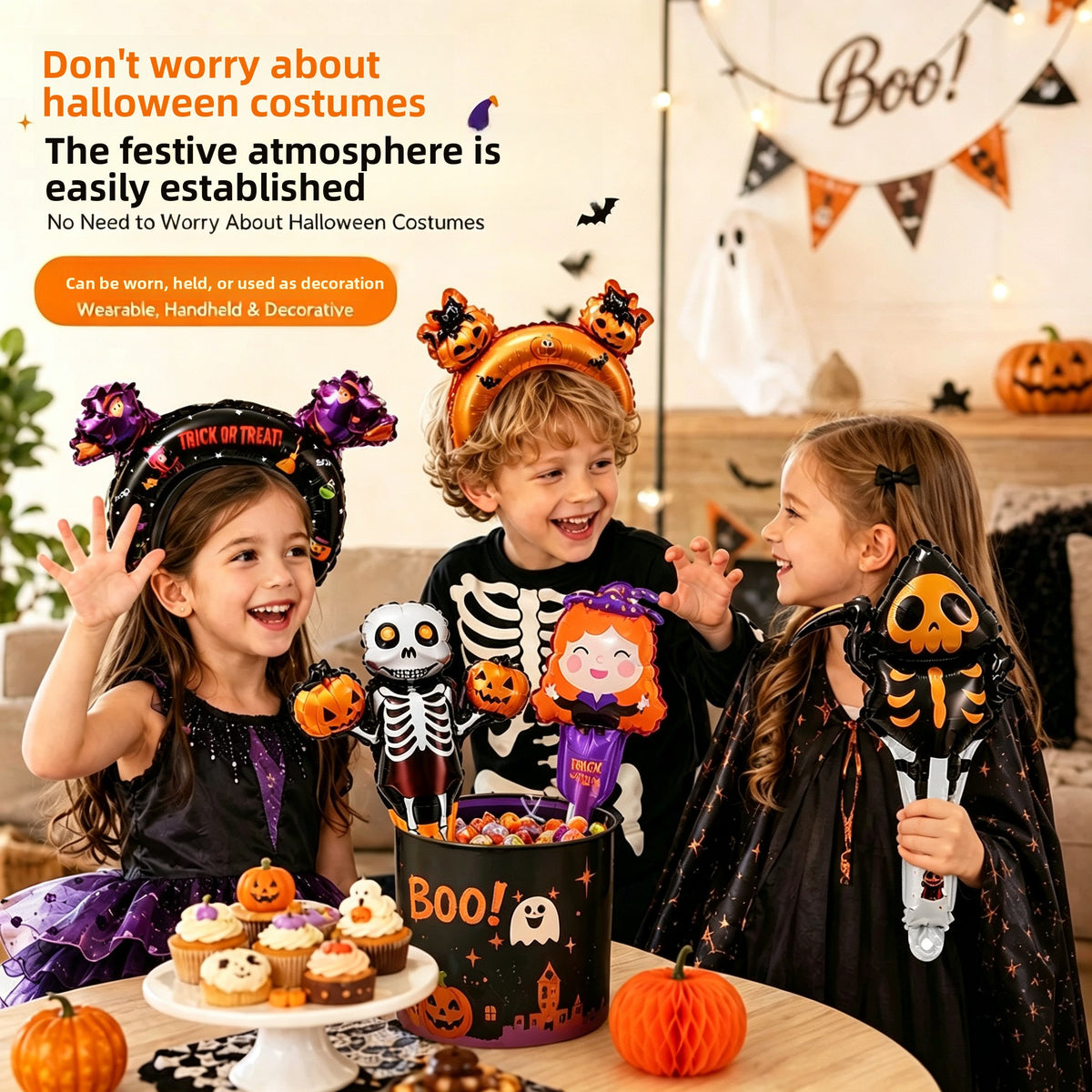 Halloween Balloon Hand Stick and Headband Set, Pumpkin Ghost Witch Party Decor