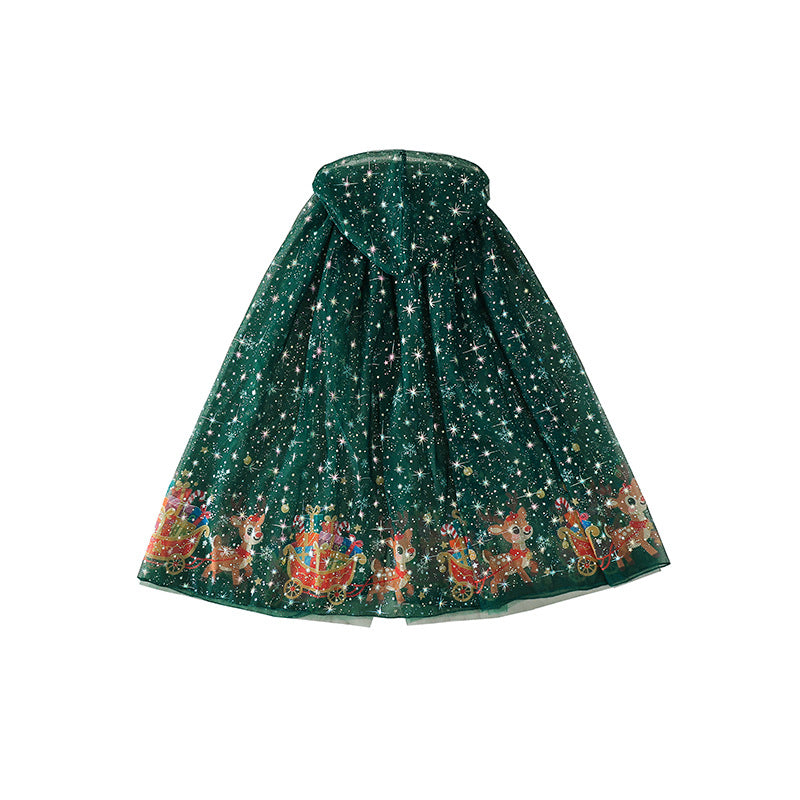 Kids Christmas Hooded Green Cape, Holiday Print Cloak For Children's Festive Costume Dress Up