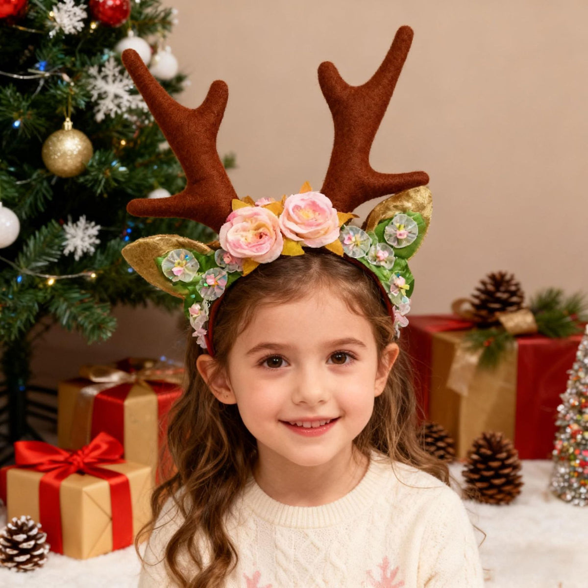 Faux Flower Reindeer Antler Headband, Cartoon Christmas Hair Accessory for Kids