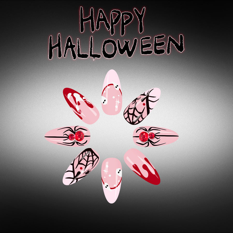 Medium Shiny Almond Halloween Press On Nails 24 Pcs, Pumpkin French Spider Web Rhinestone Ghost Blood Drip Design