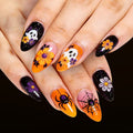 Medium Shiny Almond Halloween Press On Nails 24 Pcs, Orange Ghost Spider Web Flower Pattern False Nails