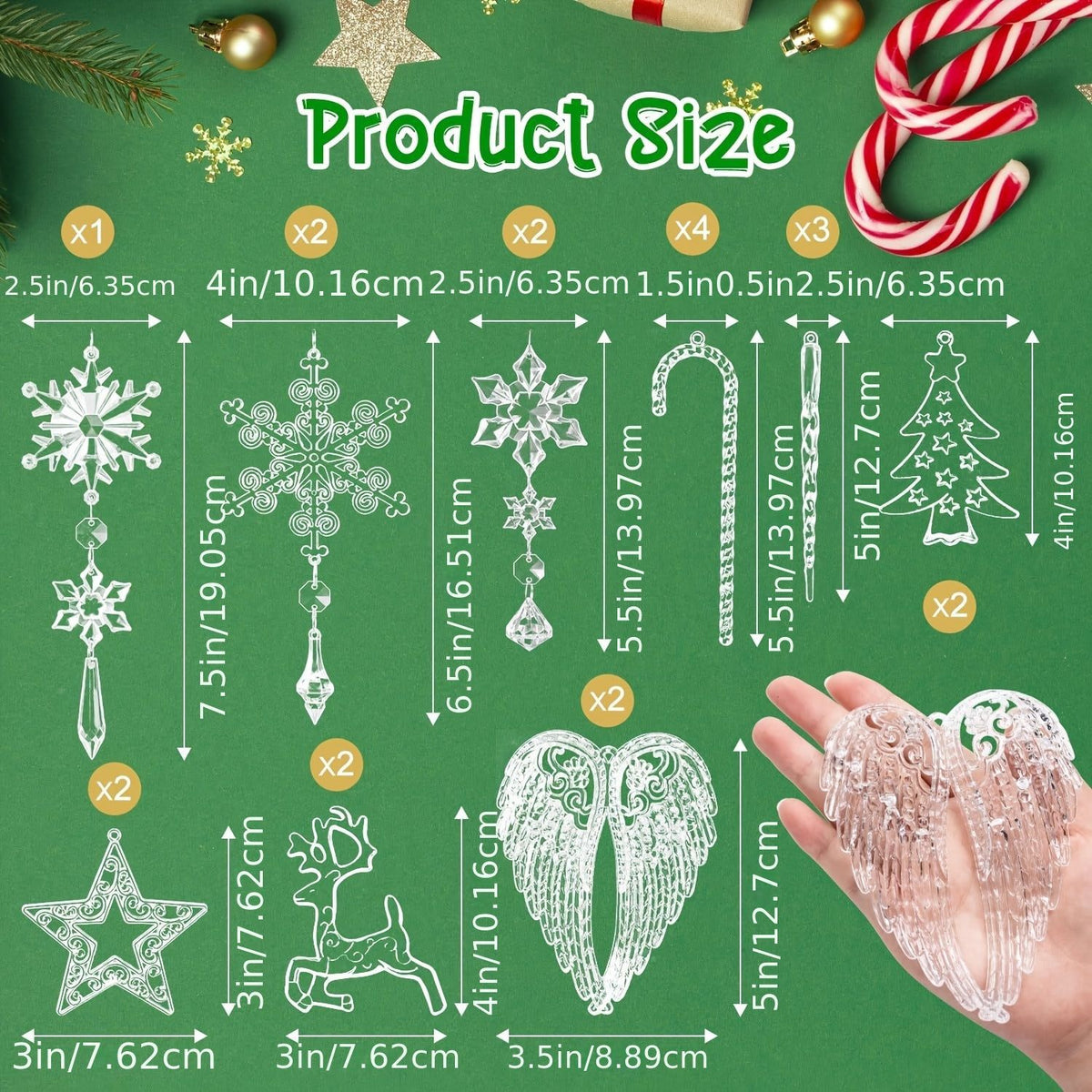 18 Pack Acrylic Christmas Tree Ornaments Set, Snowflake and Icicle Hanging Decorations