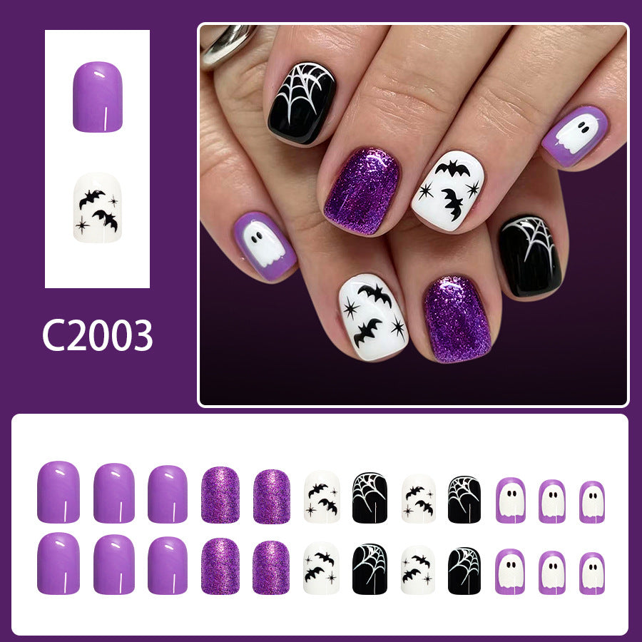 Halloween Press On Nails Short Square Glossy Purple Glitter Spider Web Ghost Bat 24 Pcs Set