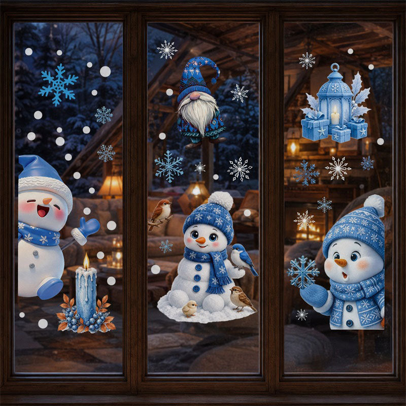 Blue Santa Snowman Window Clings Christmas Glass Stickers Snowflake Tree Static Decor