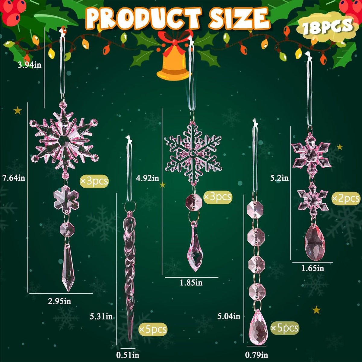 18 Pack Acrylic Christmas Tree Ornaments Set, Snowflake and Icicle Hanging Decorations