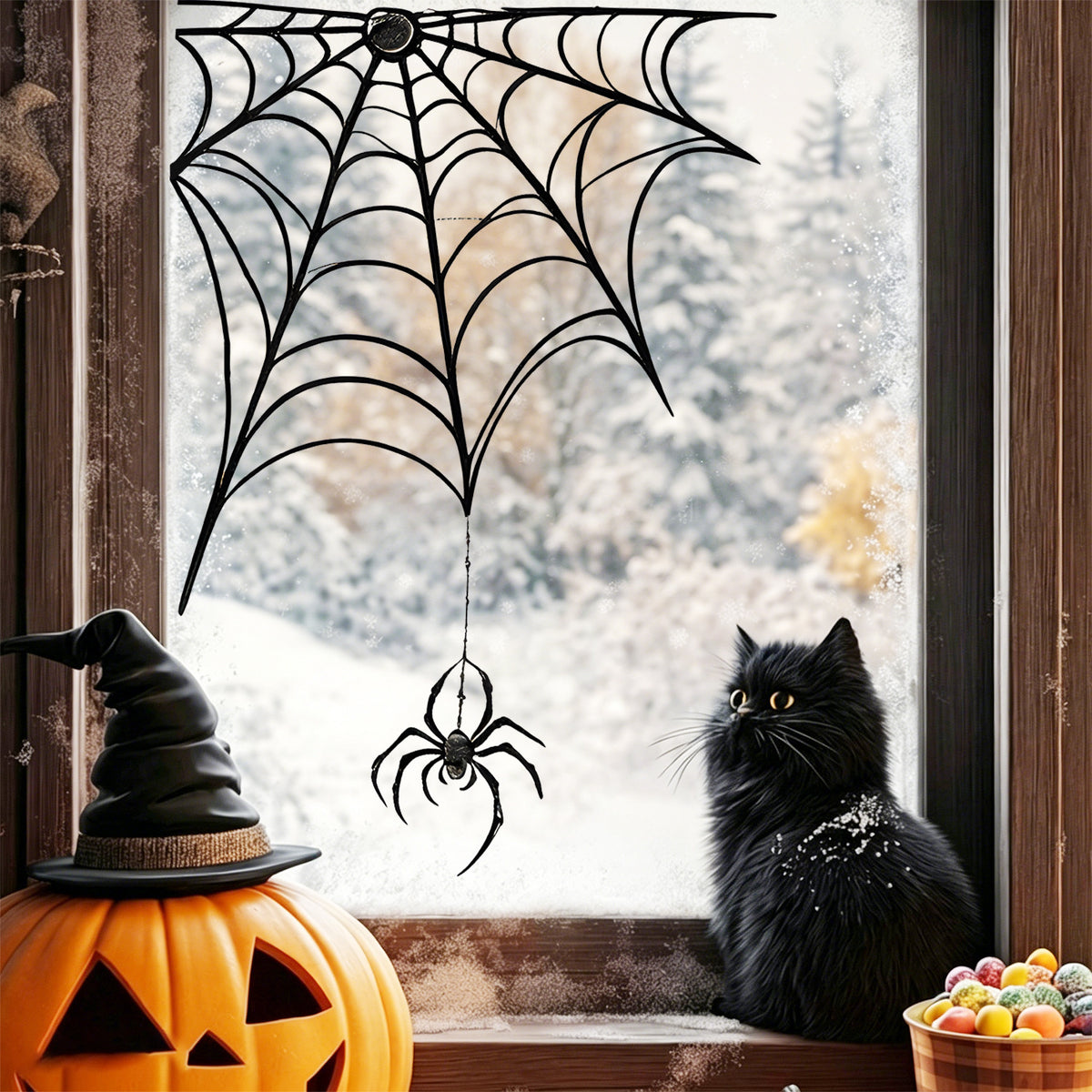 Halloween Spider And Black Cat Static Window Stickers, No Glue Removable Decorations For Bedroom Living Room Balcony Windows