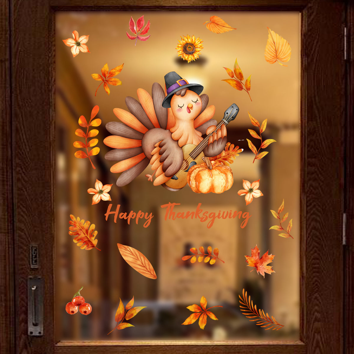 Fall Thanksgiving Cartoon Maple Leaf Turkey Window Clings, Home Wall Decals