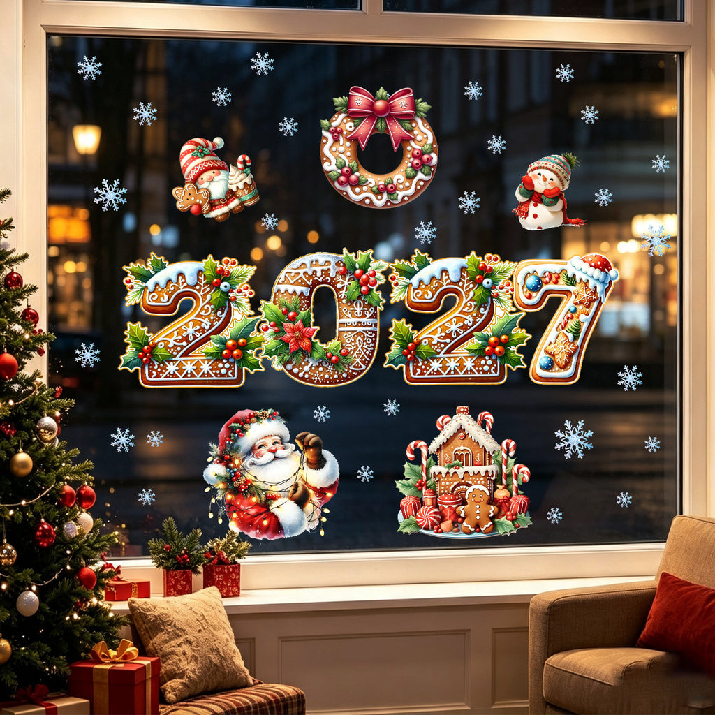 Gingerbread Christmas Static Window Clings, Holiday Glass Decorations for Living Room