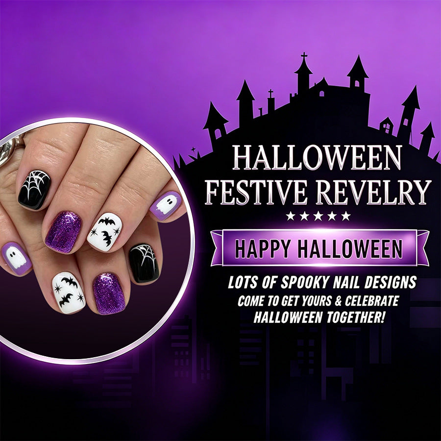 Halloween Press On Nails Short Square Glossy Purple Glitter Spider Web Ghost Bat 24 Pcs Set