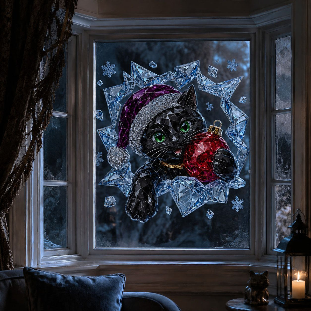 Diamond Facet Black Cat Christmas Window Sticker, Santa Hat Red Ball Adhesive Free Glass Decor
