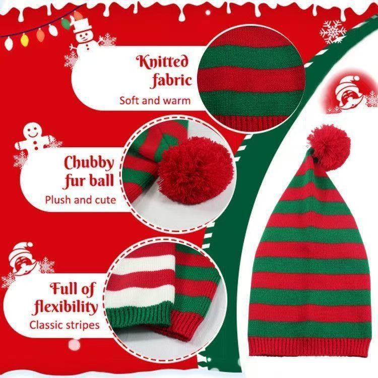 Knitted Christmas Hat Red Green Striped Pom Pom Long Tail Santa Hat Winter Gift