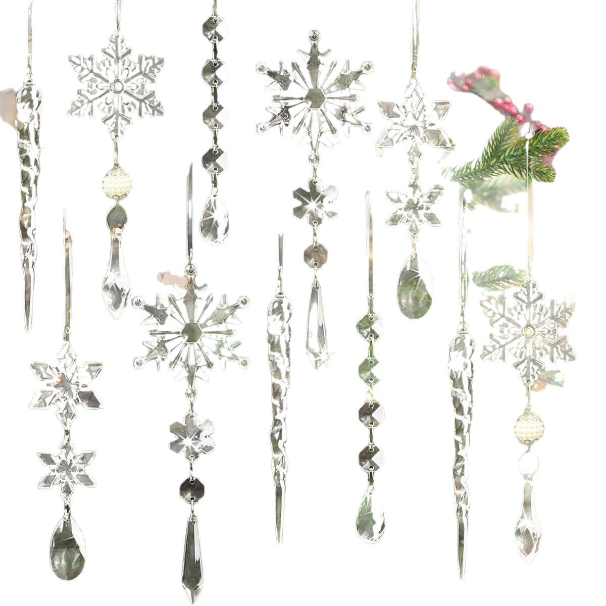 18 Pack Crystal Acrylic Christmas Ornaments, Snowflake and Icicle Hanging Tree Decorations