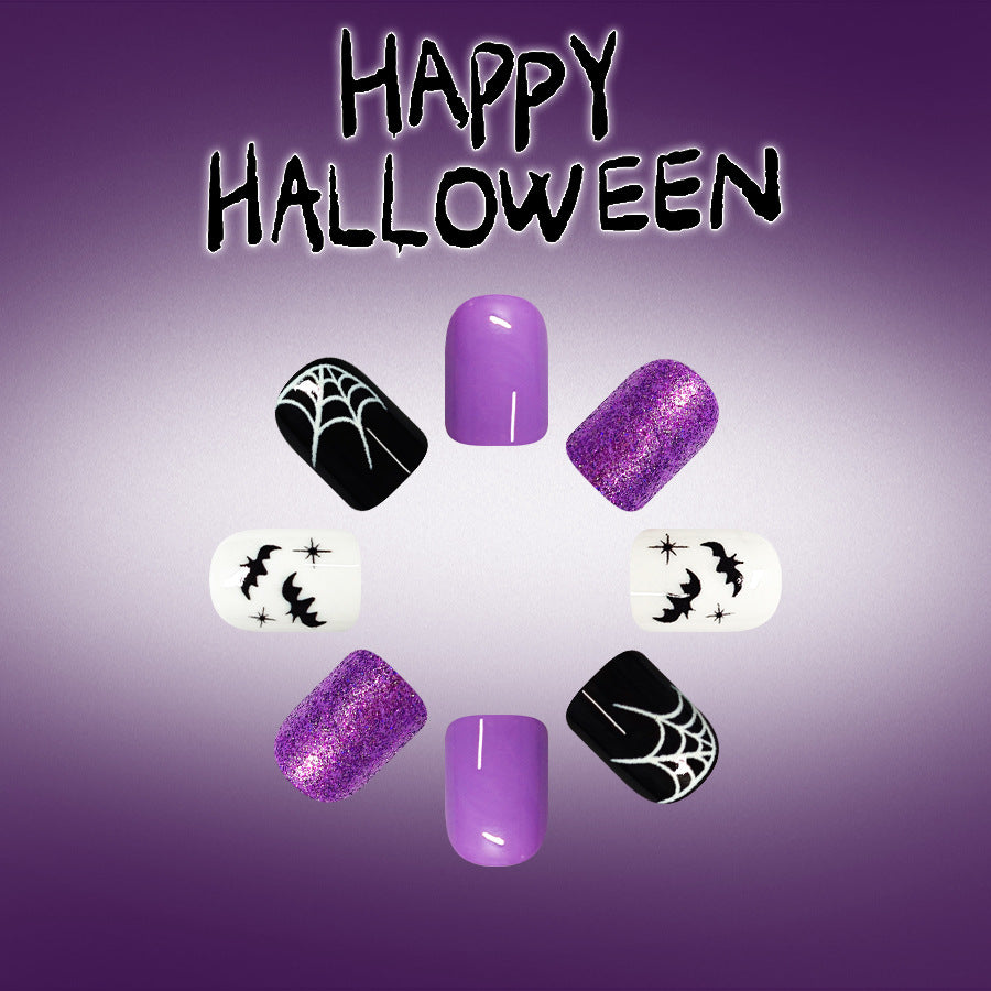 Halloween Press On Nails Short Square Glossy Purple Glitter Spider Web Ghost Bat 24 Pcs Set