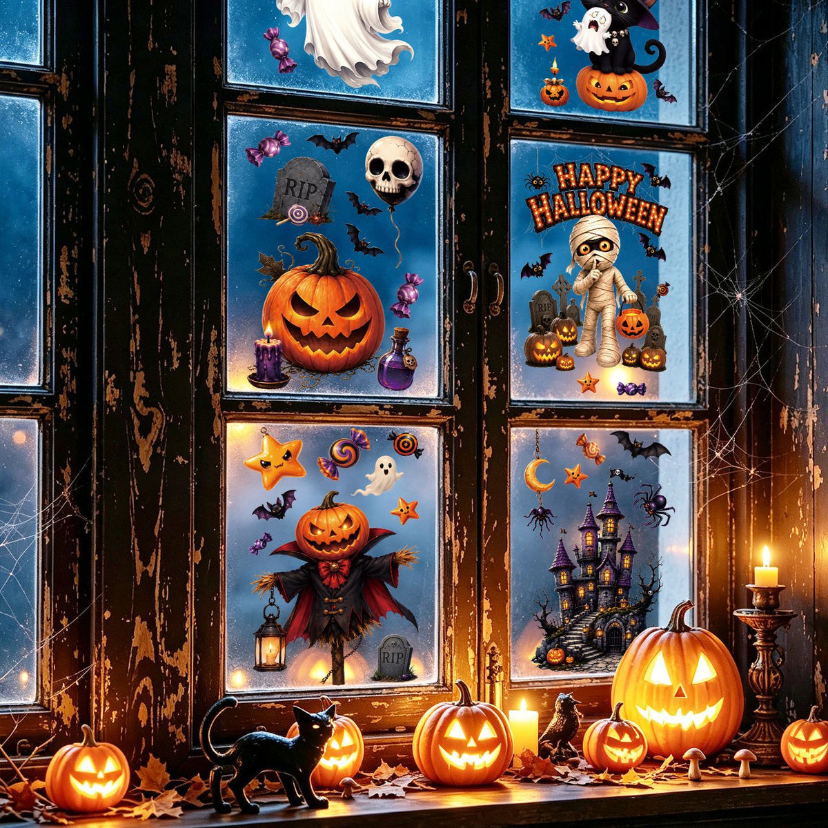 Halloween Static Window Stickers, Pumpkin Ghost Mummy Vampire Cartoon Glass Decals For Storefront Decor