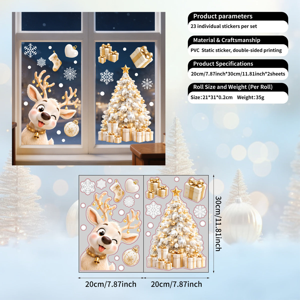 Christmas Window Clings Santa Snowflake Static Sticker Double Sided Removable Glass Decor