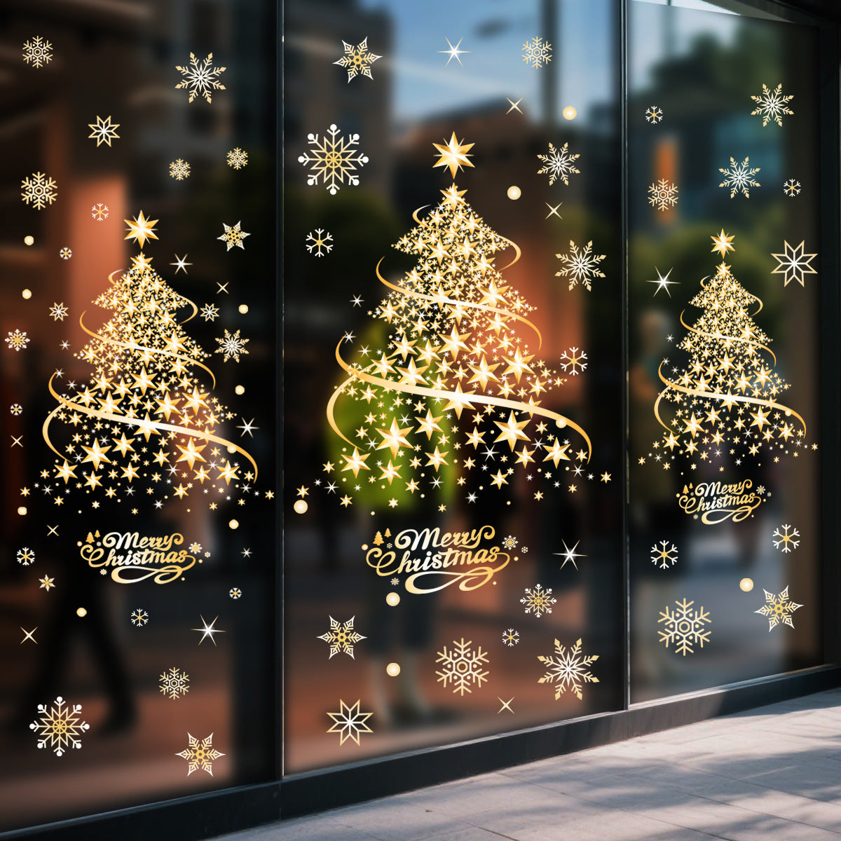 Gold Silver Christmas Tree Snowflake Window Stickers, Static Cling Glass Decals for Storefront