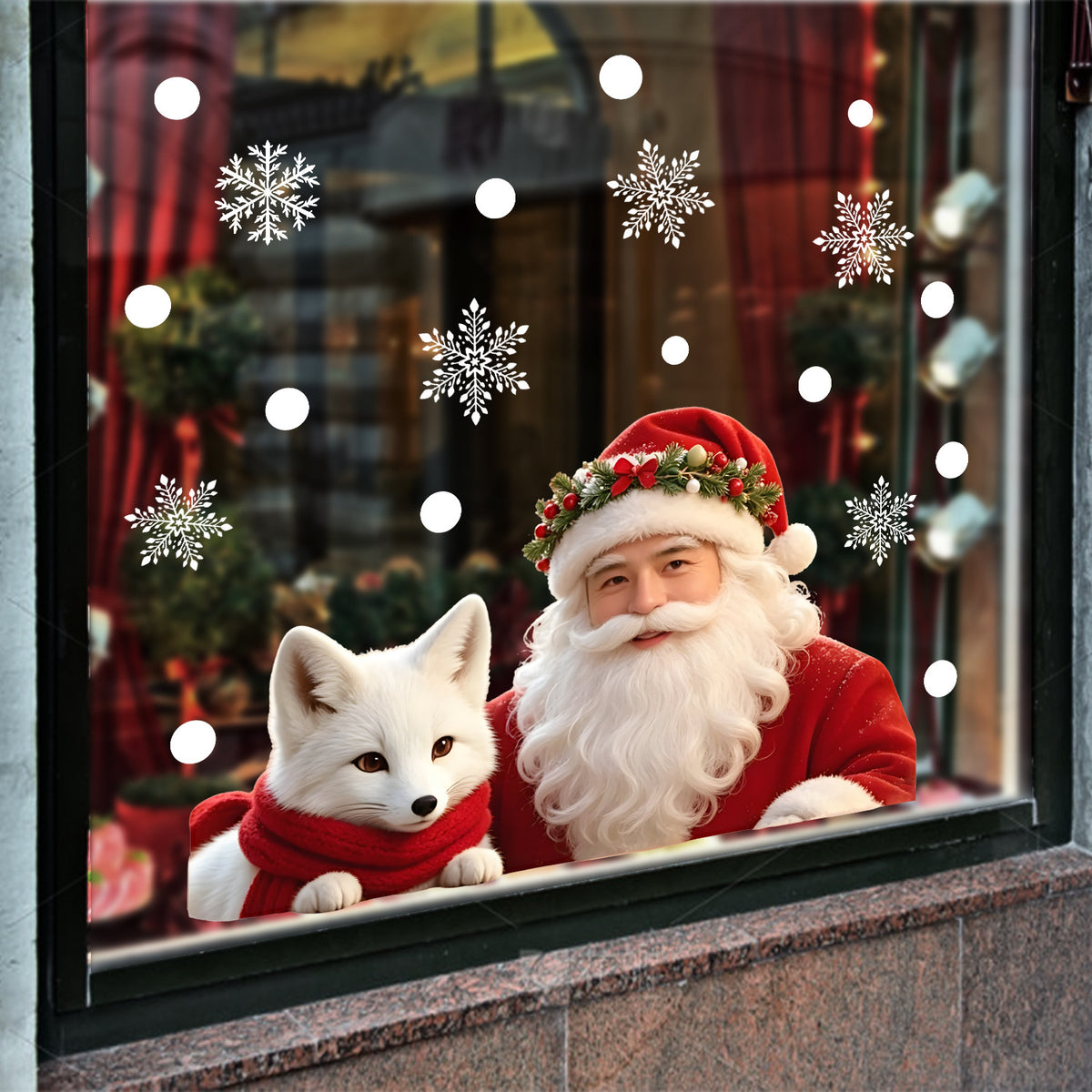 Christmas Window Cling Santa White Fox Realistic Style Static Glass Sticker Cozy Home Decor