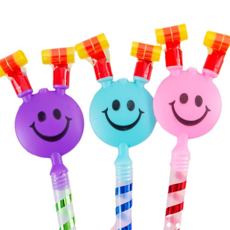 Large Party Blowout Horns with Smiley Face, Funny Blow Out Whistle Toys for Kids Party Favors