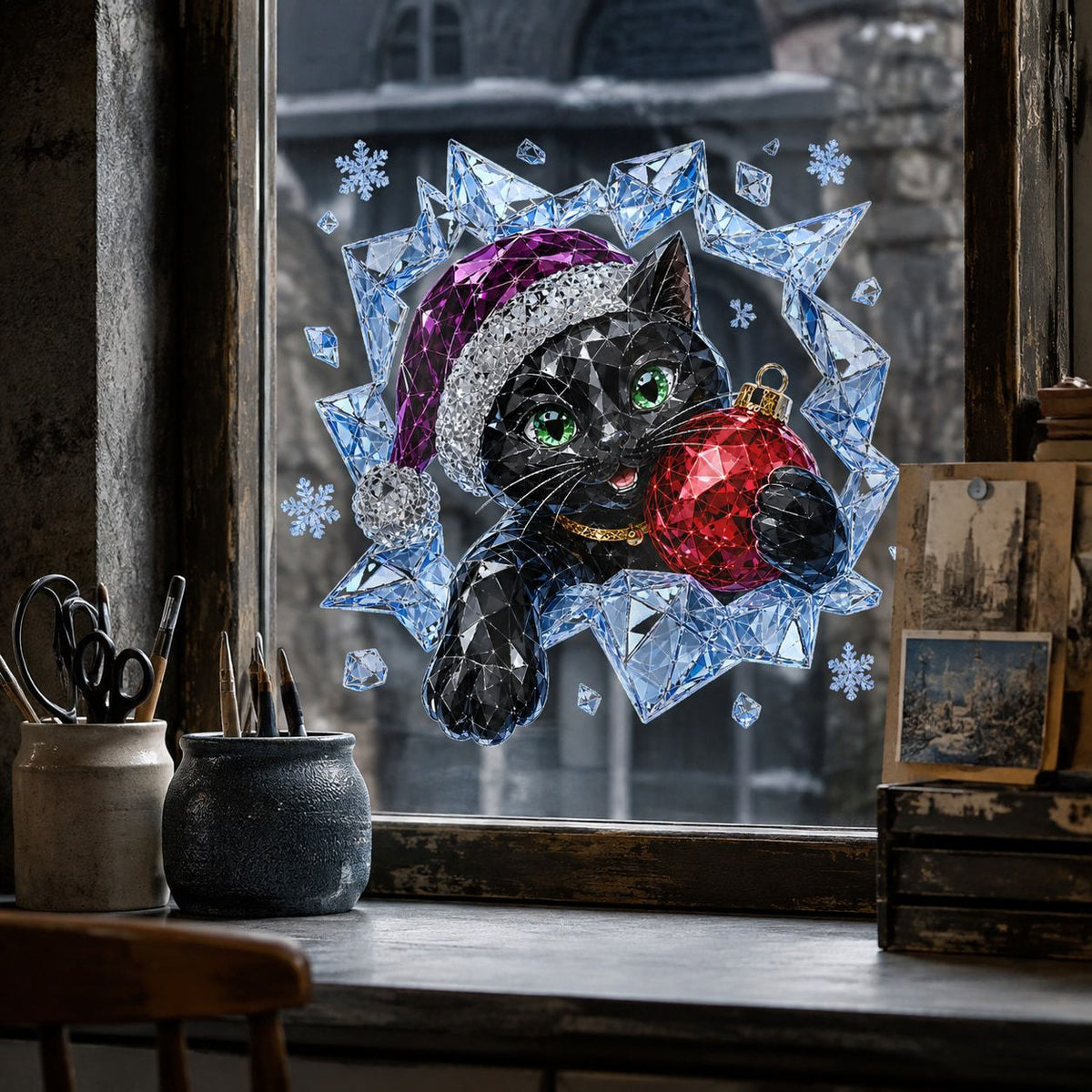 Diamond Facet Black Cat Christmas Window Sticker, Santa Hat Red Ball Adhesive Free Glass Decor