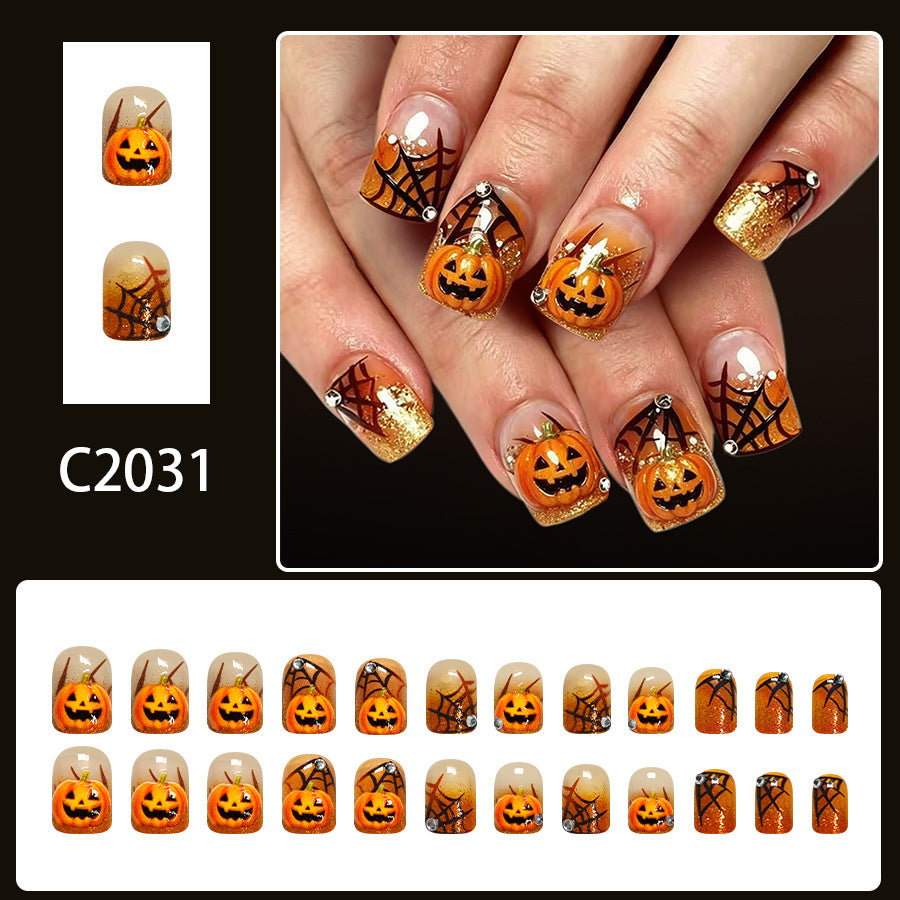Halloween Press On Nails Short Square Orange Glitter Pumpkin Spider Web Glossy 24 Pcs Set