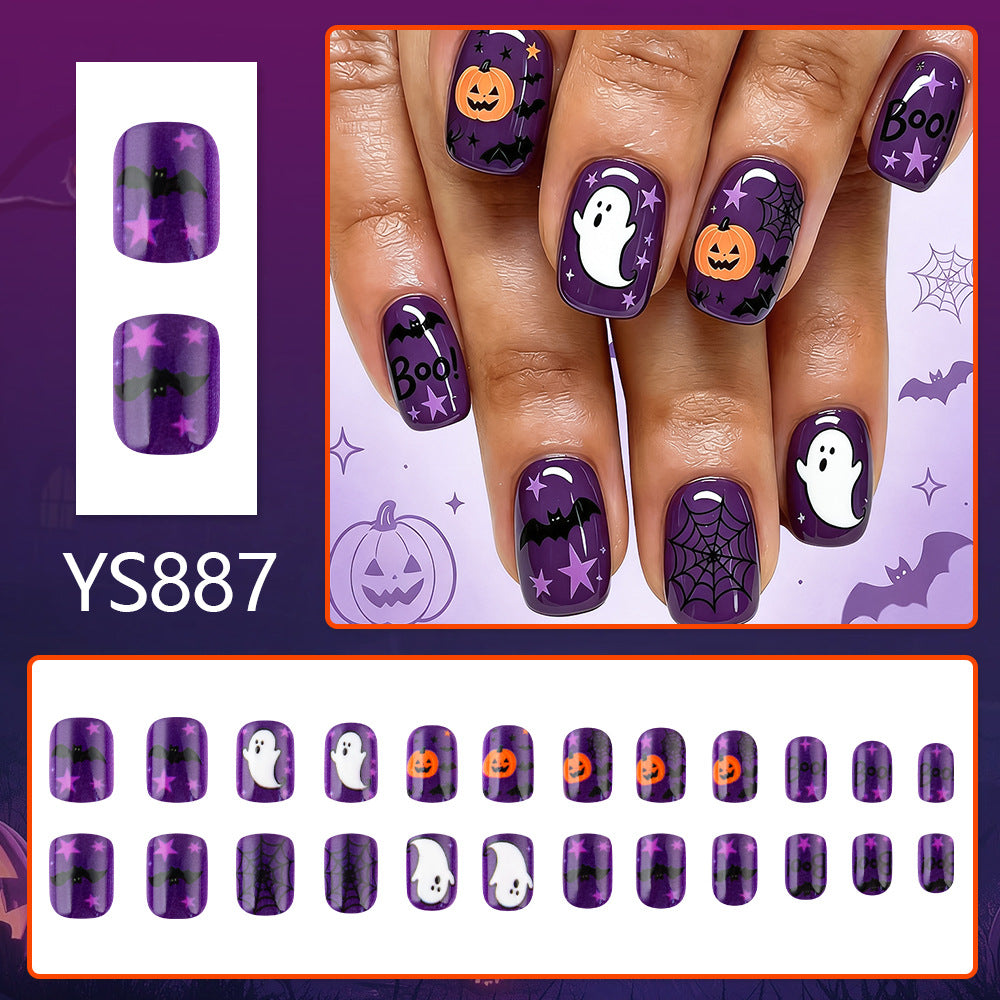 Halloween Press On Nails 24 Pcs, Ghost Spider Web Pumpkin Pattern Sweet Cool False Nails