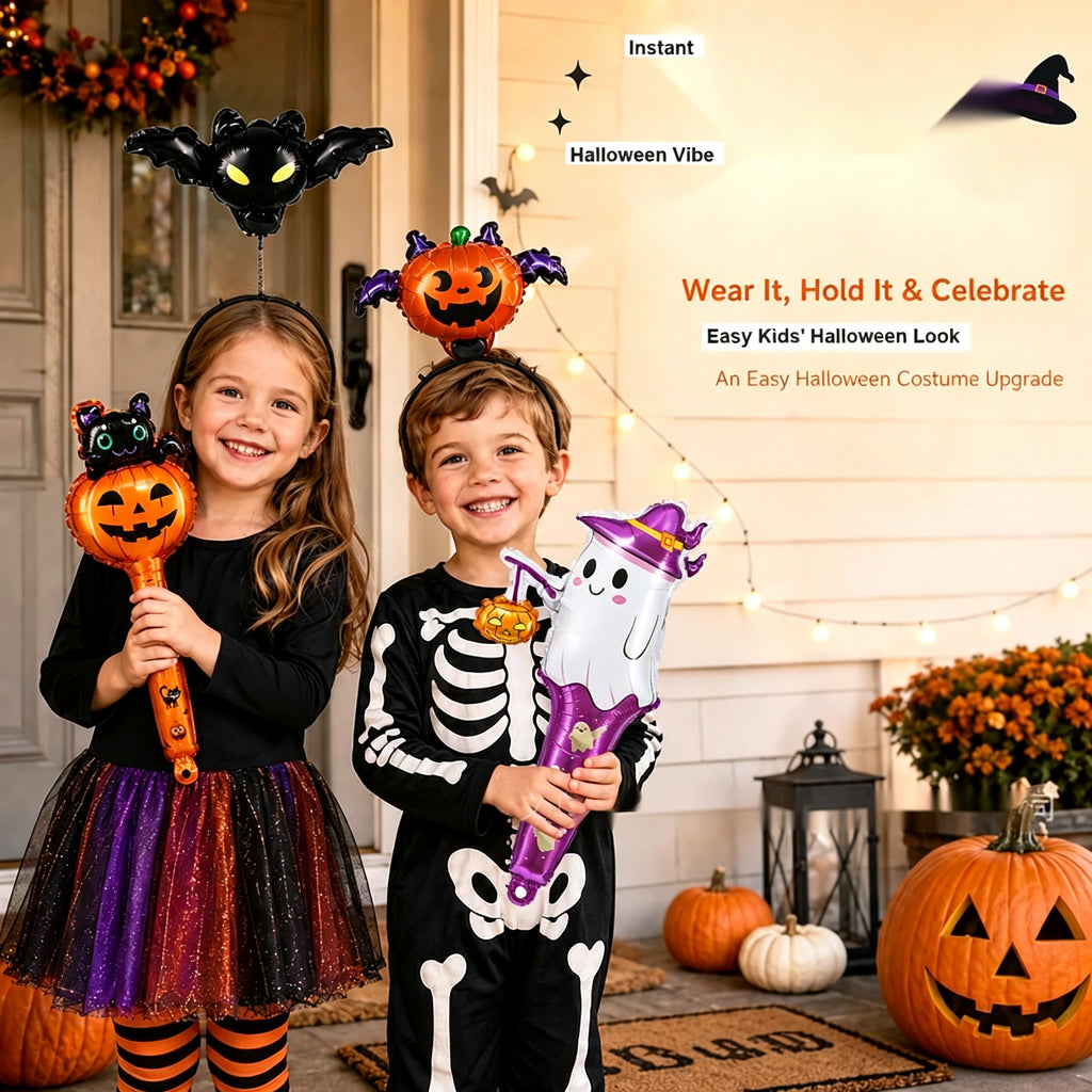 Halloween Balloon Hand Stick and Headband Set, Pumpkin Ghost Witch Party Decor