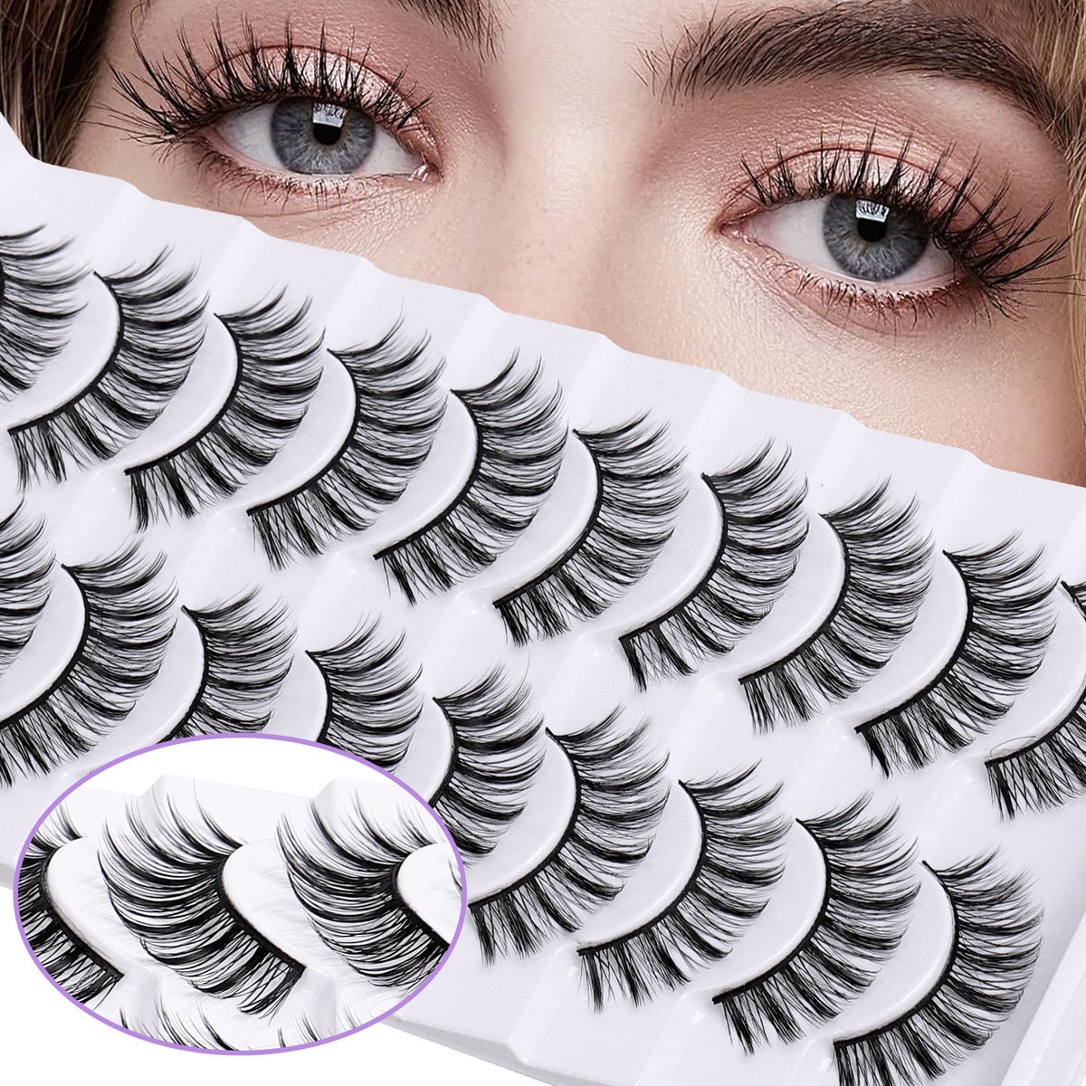 10 Pairs Hard Band False Eyelashes, Comic Doll Little Devil Cluster Lashes for Women