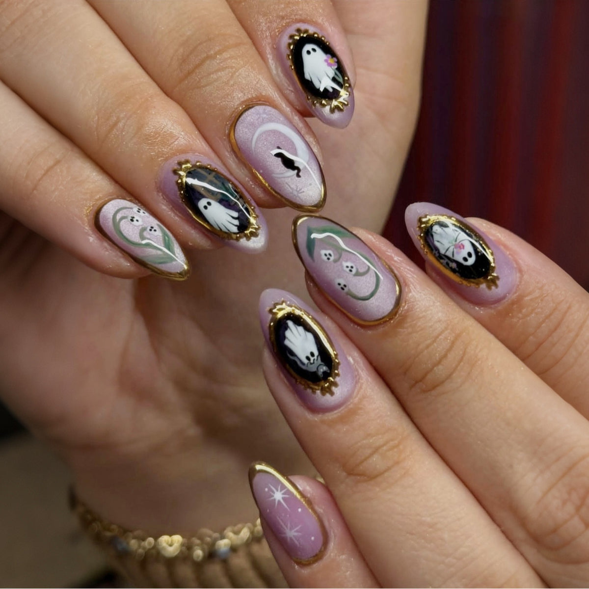 Halloween Purple Cat Eye Press On Nails, Ghost Sparkle Glitter False Nails