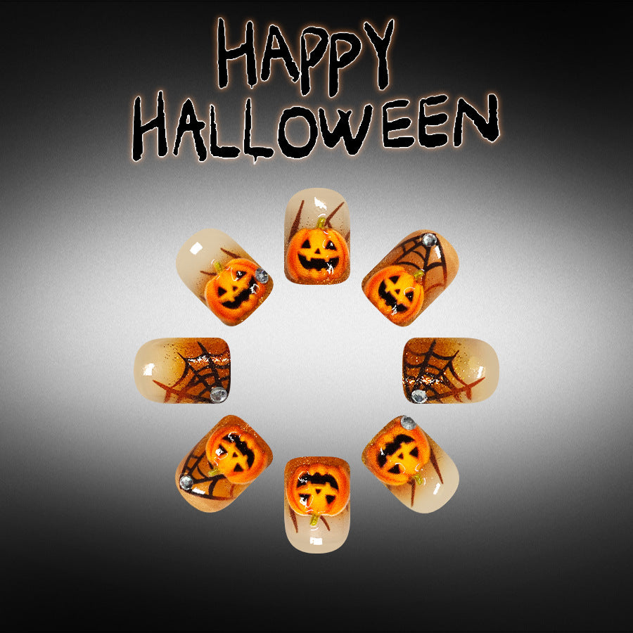 Halloween Press On Nails Short Square Orange Glitter Pumpkin Spider Web Glossy 24 Pcs Set