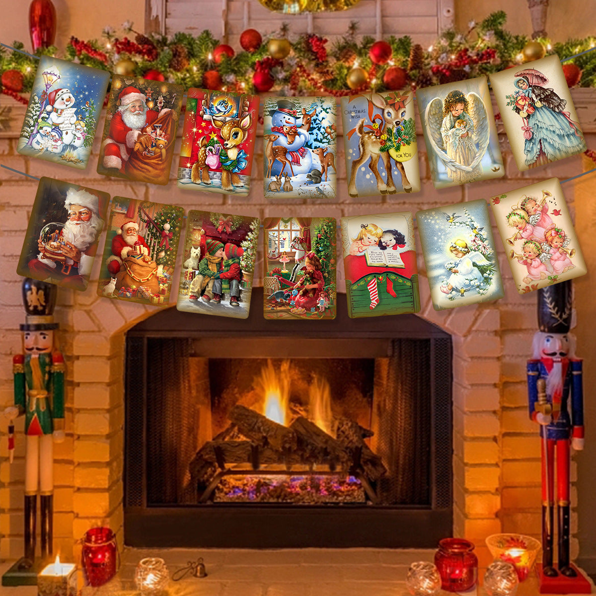 Victorian Style Santa Christmas Banner, Fireplace Mantel Hanging Flag Holiday Decorations