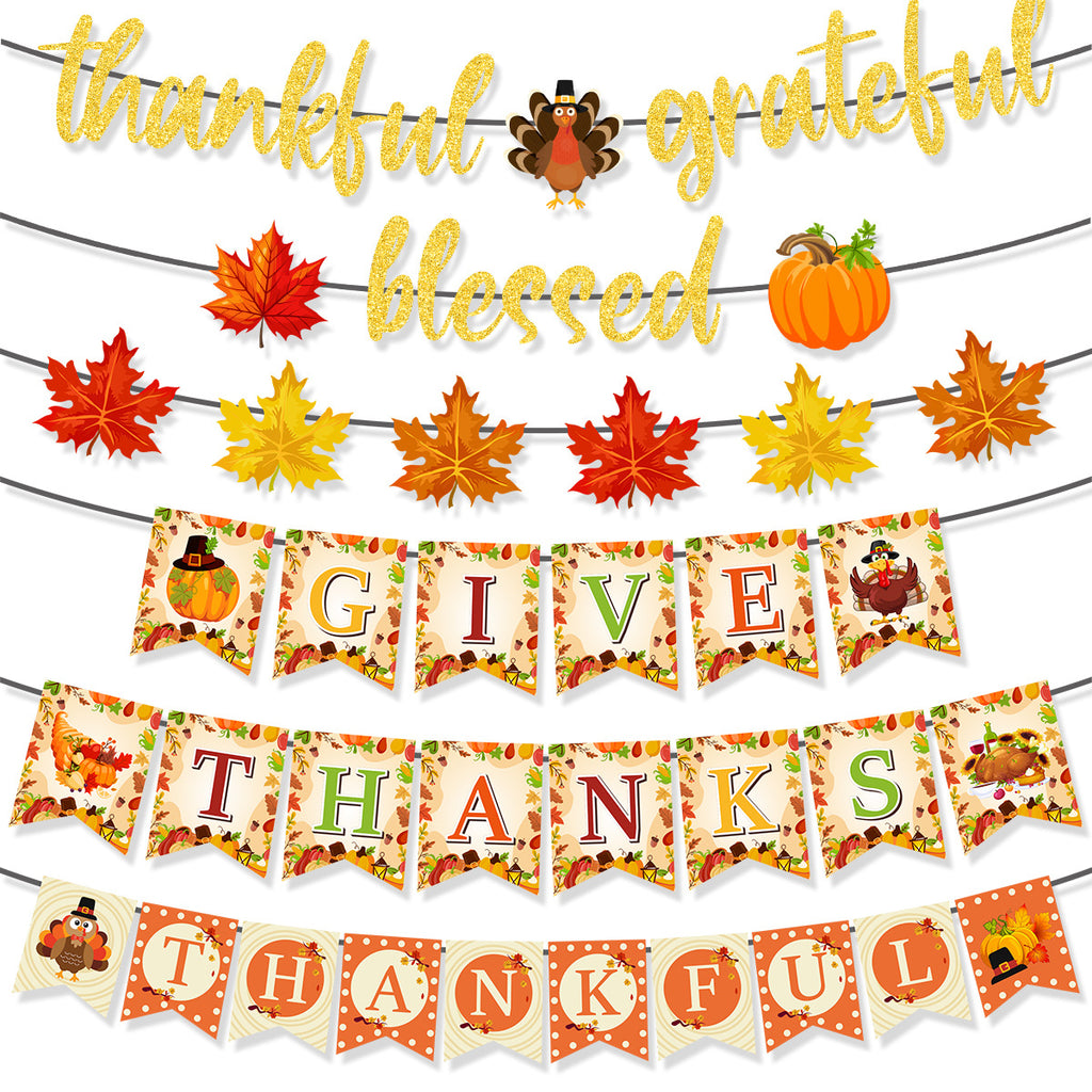 Thanksgiving Fall Harvest Party Banner Pumpkin Maple Leaf Bunting Decorations