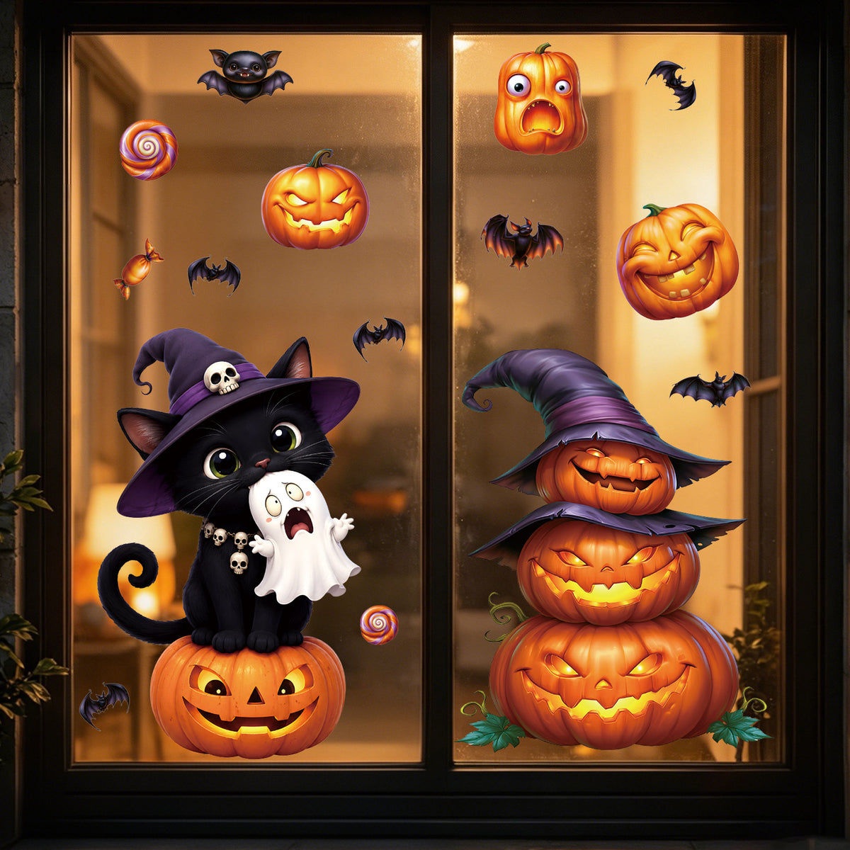 Halloween Pumpkin Lantern Window Clings, Black Cat Ghost Static Glass Decorations