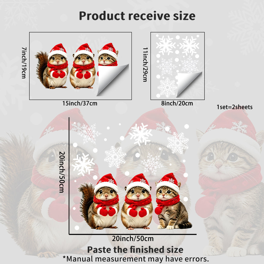 Winter Christmas Cozy Static Glass Stickers, Squirrel And Kitten Window Decals For Bedroom Balcony Windows