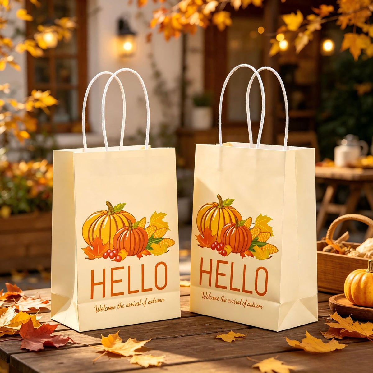 Thanksgiving Kraft Paper Gift Bags Maple Leaf Pumpkin Print Party Favor Tote Bags