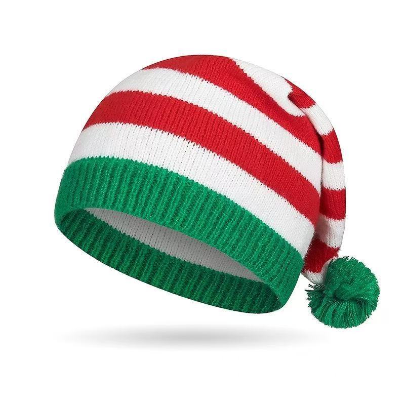 Knitted Christmas Hat Red Green Striped Pom Pom Long Tail Santa Hat Winter Gift