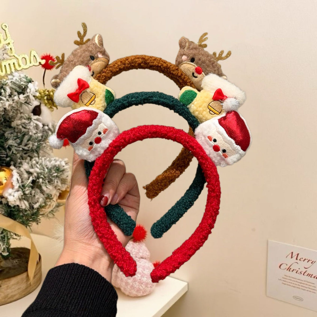 Plush Santa Reindeer Headband for Girls, Cute Christmas Hair Accessory Kids Holiday Costume