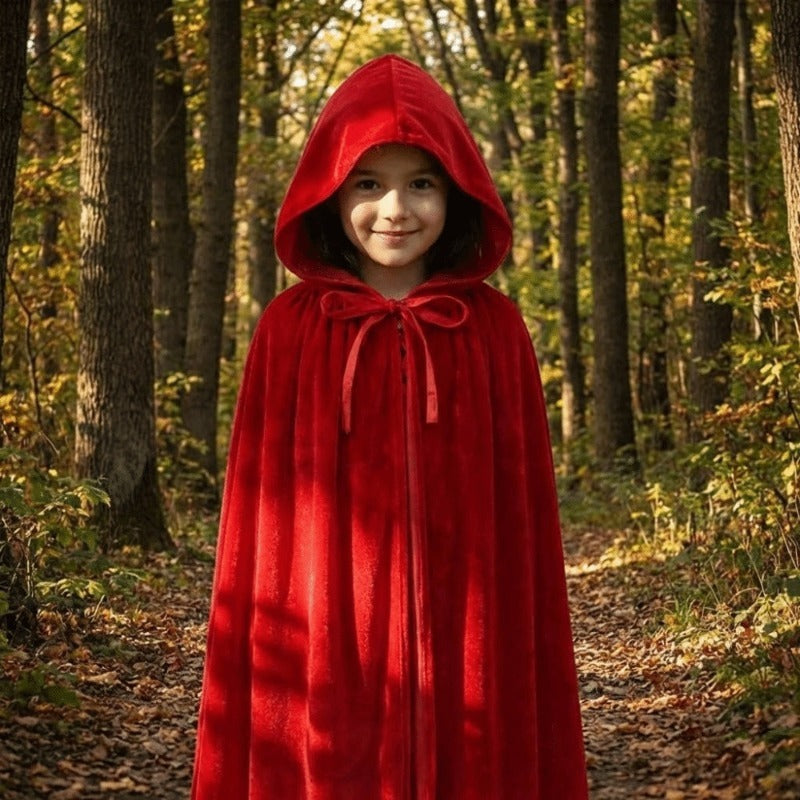 Kids Hooded Cape with Lace Trim, Little Red Riding Hood Costume Cloak for Christmas Role Play