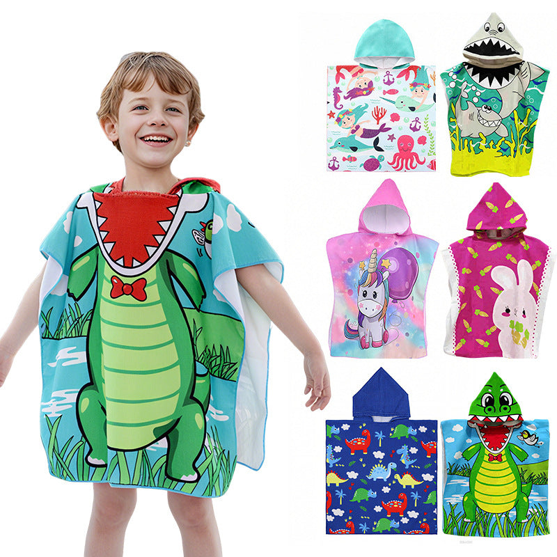 Kids Cartoon Print Hooded Towel Robe, Super Soft Microfiber Quick Dry Bathrobe Wrap