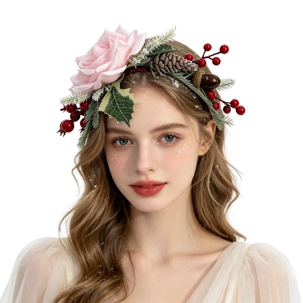 Christmas Rose Berry Headband, Faux Flower Hair Hoop for Girls Party Photo Accessories