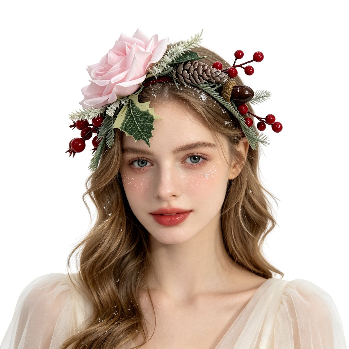 Christmas Rose Berry Headband, Faux Flower Hair Hoop for Girls Party Photo Accessories