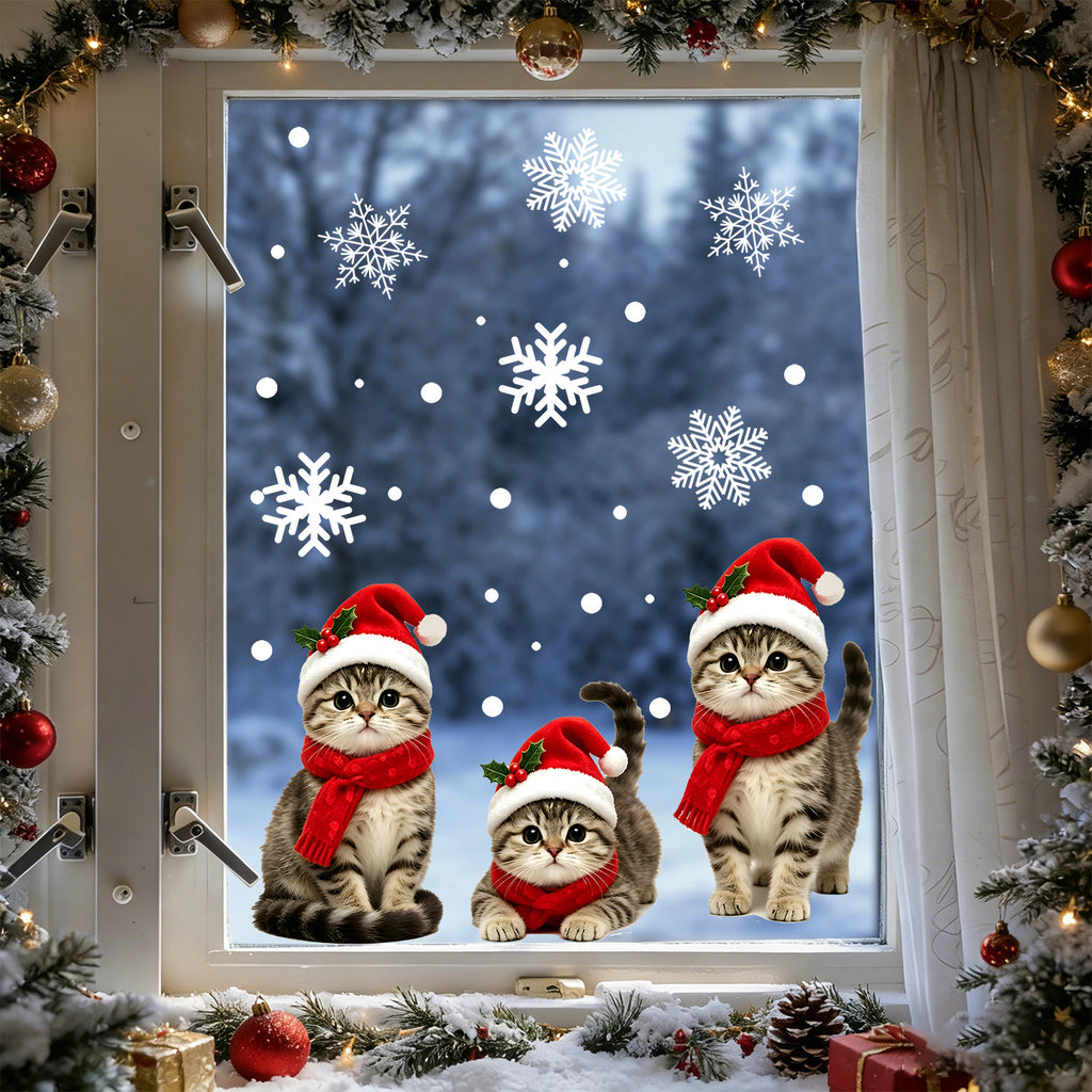 Winter Christmas Cozy Static Glass Stickers, Squirrel And Kitten Window Decals For Bedroom Balcony Windows