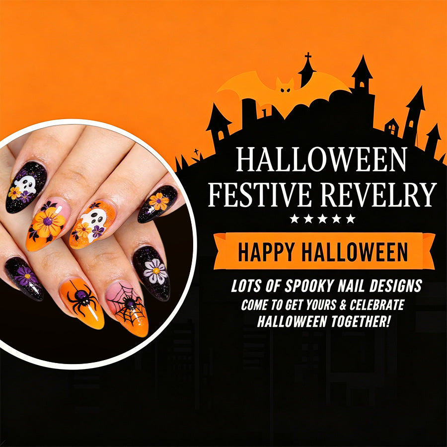 Medium Shiny Almond Halloween Press On Nails 24 Pcs, Orange Ghost Spider Web Flower Pattern False Nails