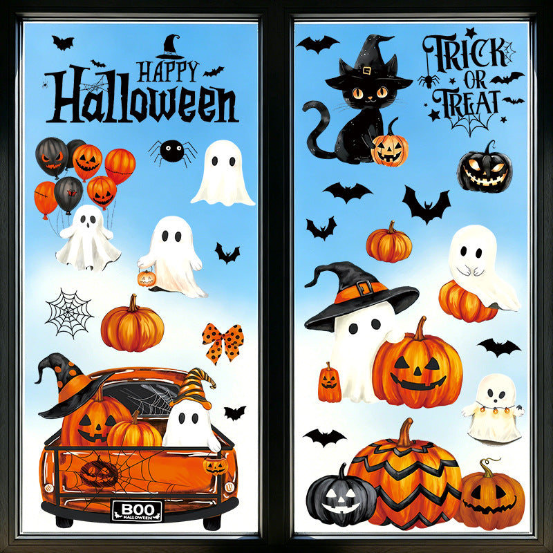 Halloween White Ghost Bat Pumpkin Static Cling Window Decals, Removable Window Sticker Decorations