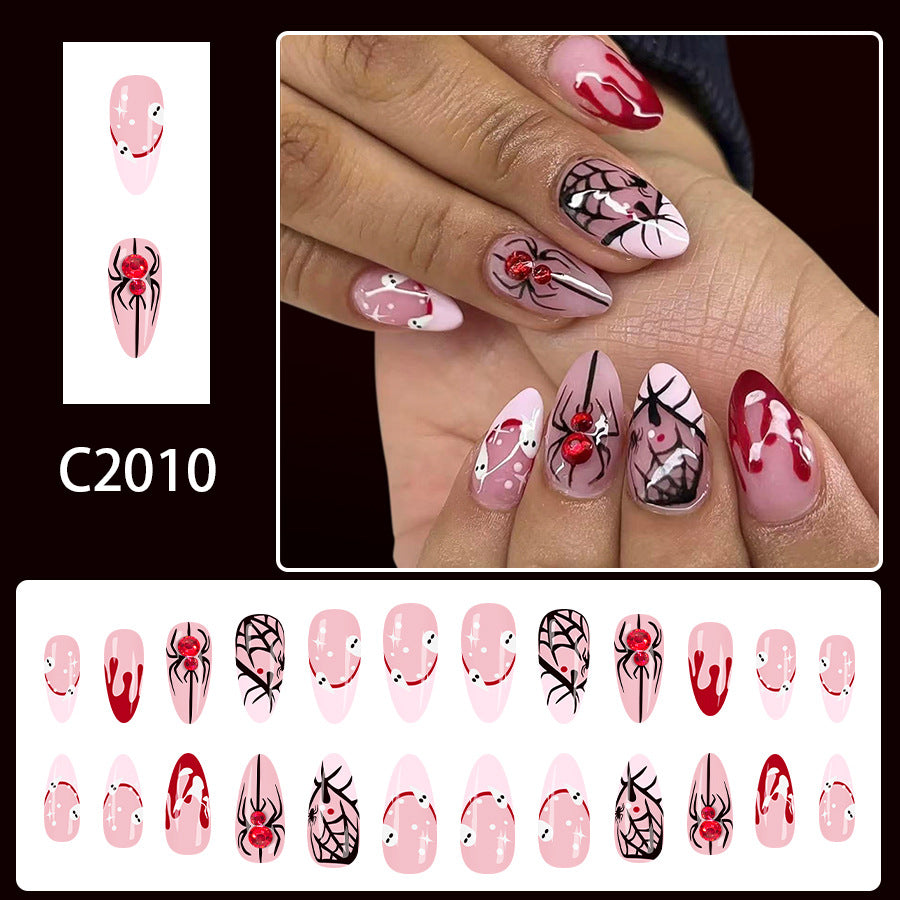 Medium Shiny Almond Halloween Press On Nails 24 Pcs, Pumpkin French Spider Web Rhinestone Ghost Blood Drip Design