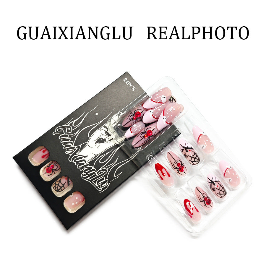 Medium Shiny Almond Halloween Press On Nails 24 Pcs, Pumpkin French Spider Web Rhinestone Ghost Blood Drip Design