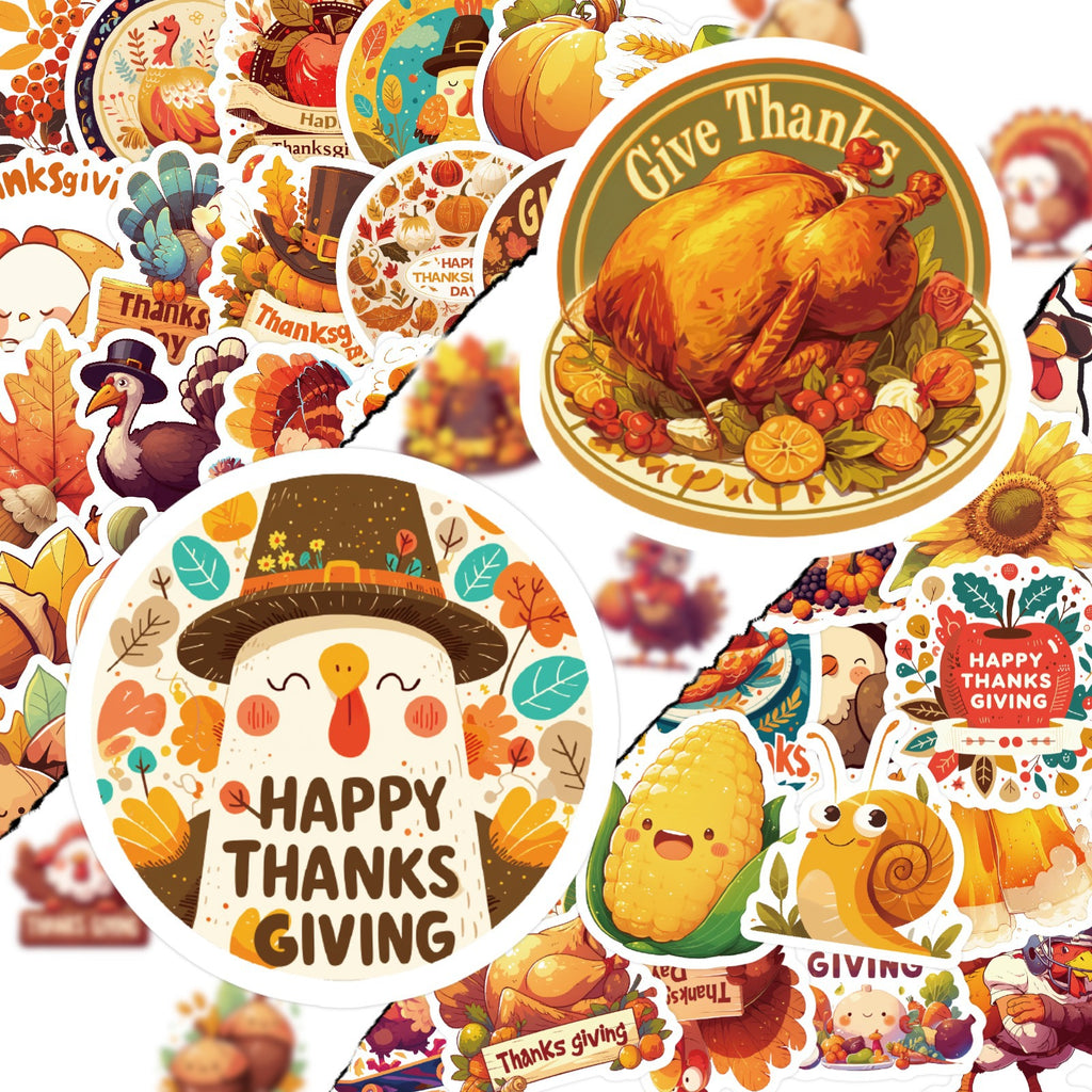 50 Pcs Thanksgiving Stickers Pumpkin Turkey Maple Leaf Cartoon Decor PP Stickers Scrapbook