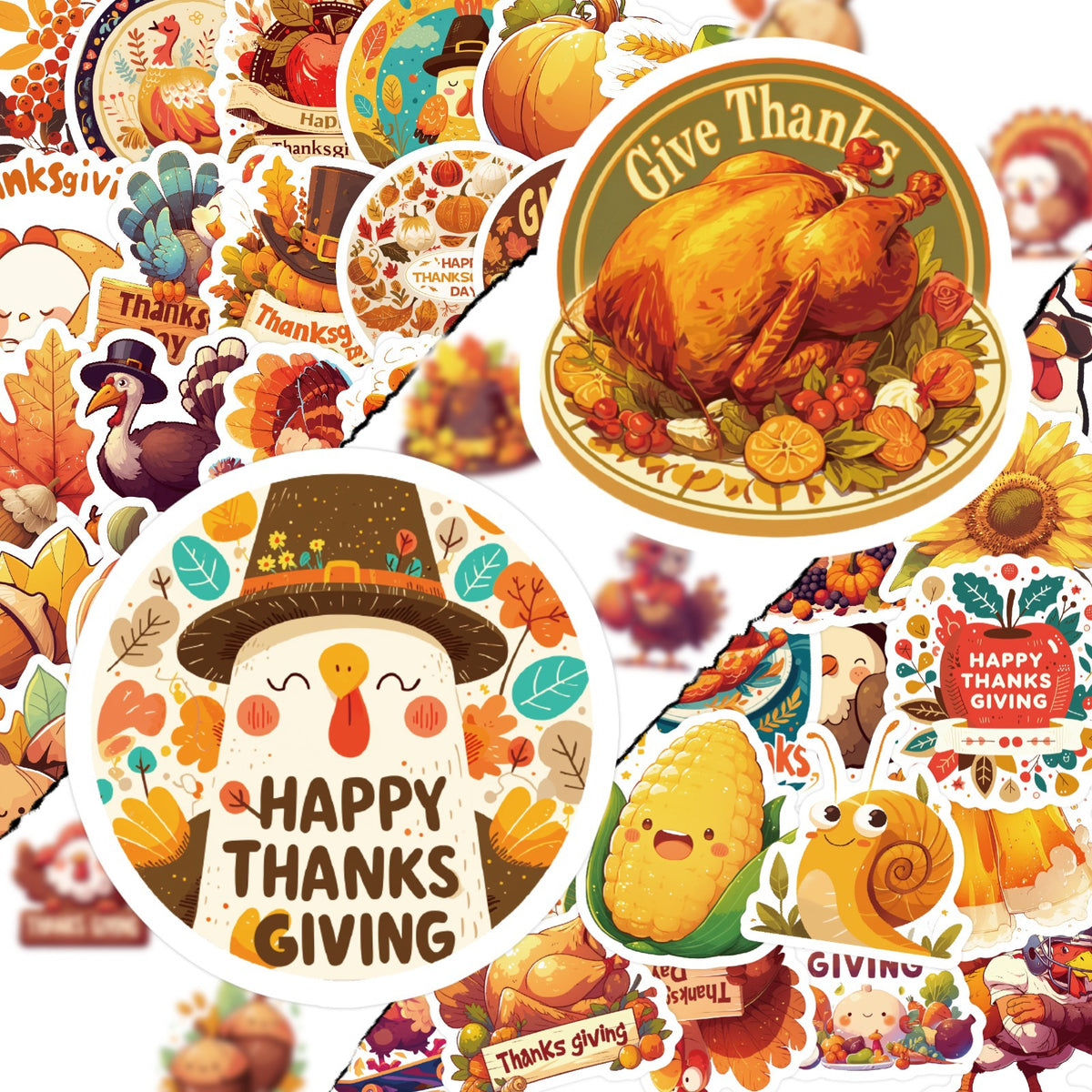50 Pcs Thanksgiving Stickers Pumpkin Turkey Maple Leaf Cartoon Decor PP Stickers Scrapbook